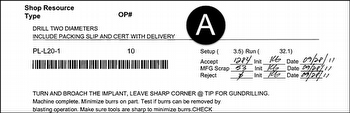 Part of a work order traveler with barcode containing work order number and operation