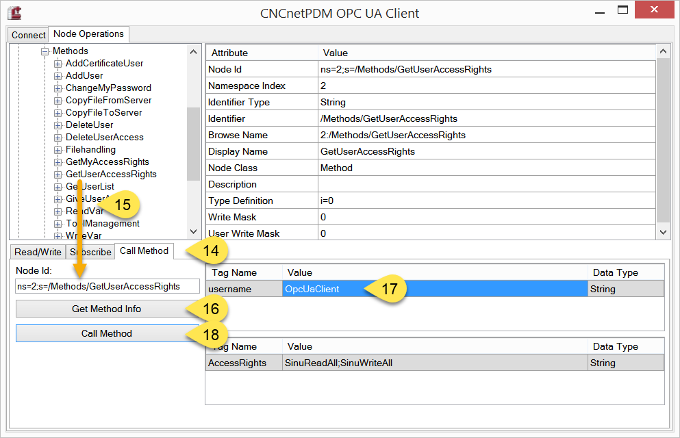 Call and execute OPC UA server method