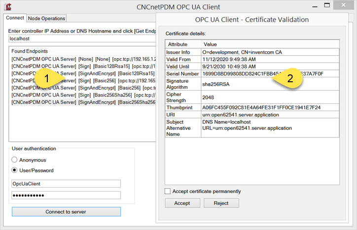 Endpoints & Certificate created by CNCnetPDM