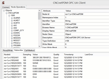 CNCnet PDM OPC UA Server output