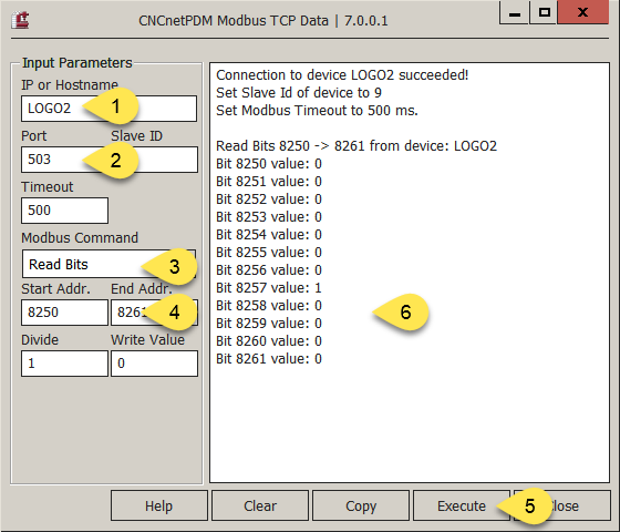 Output of ModbusGui (Read Bits)