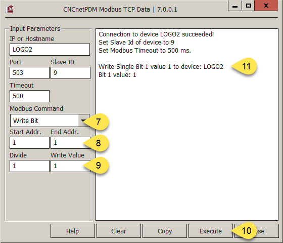 Output of ModbusGui (Write Bit)