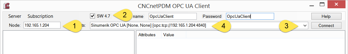 Connect CNCnetPDM OPC UA client