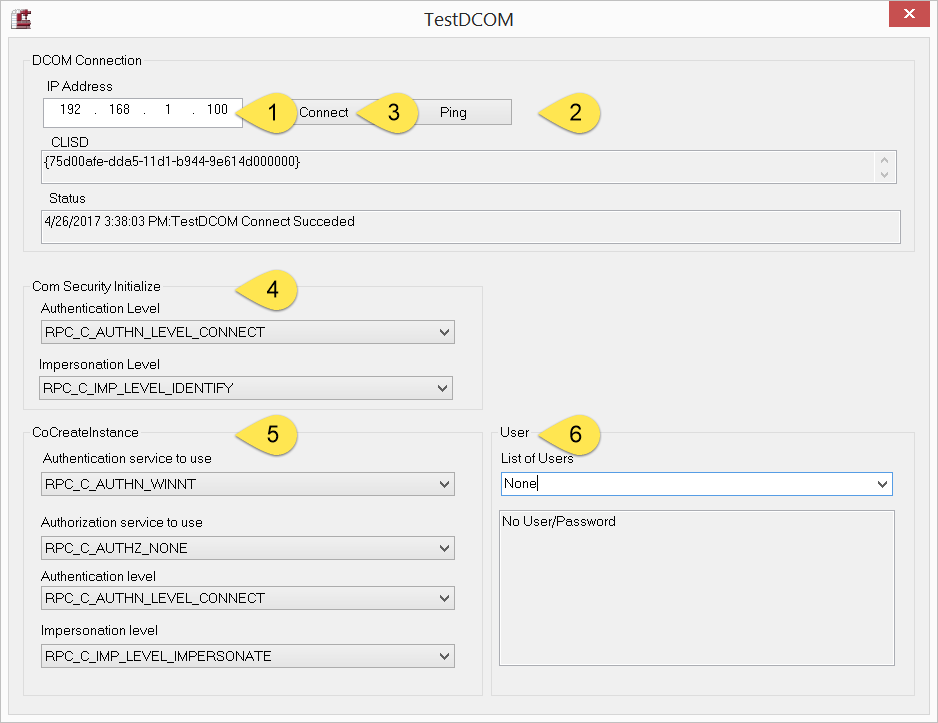 TestDCOM dialog window