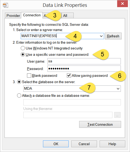 Enter database connection parameters