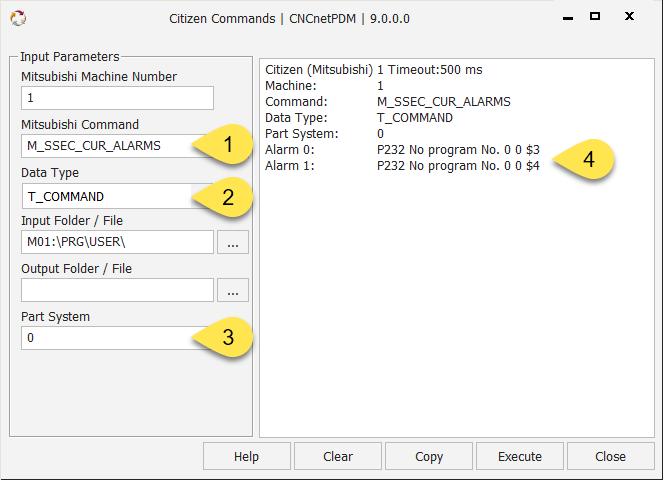 Query active alarms from Citizen (Mitsubishi) CNC
