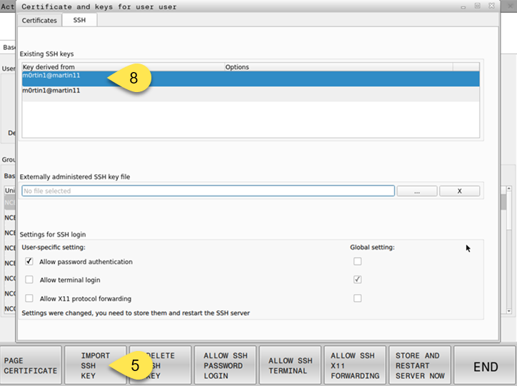 Certificate and keys dialog
